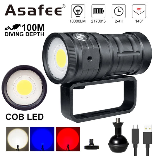 Asafee 100M 18000LM Underwater Search Lamp Flashlight Torch LED Diving Flashlight Scuba Video Torch Diving Fill Lantern Lamp