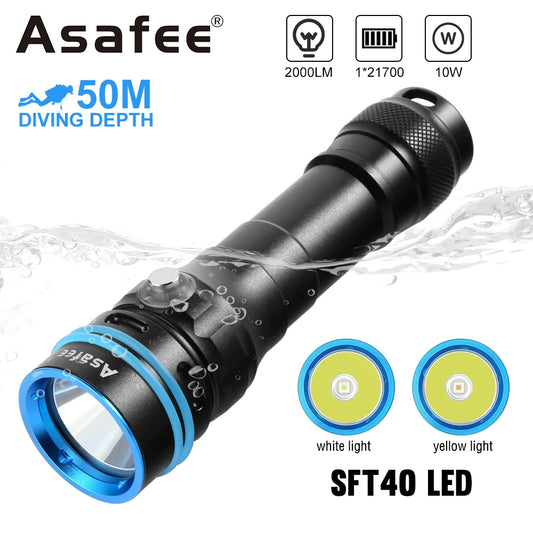 Asafee DT100 SFT40 LED Scuba Torch 2000LM Ultra Light IPX8 Waterproof 50M Underwater Dive Spearfishing Lamp Diving Flashlight