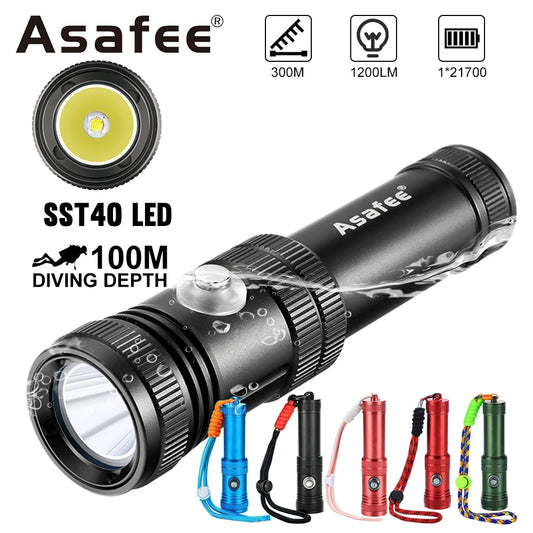 Asafee AF40 Professional Diving Flashlight SST40 LED 1200LM Ultra Dive Lamp 100M Depth Alloy Torch Recreational Cave Scuba Light