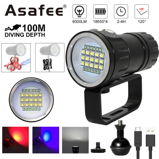 Asafee C15 Professional Diving Photograph Flashlight 8000LM Ultra Dive Torch 100M Dept IPX8 Waterproof Red/Blue/White Torch