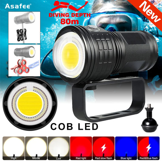 Asafee DRC01 80M 6000LM Underwater Diving Flashlight 500M Power COB Red Blue Dive Light Waterproof Photography Diving Fill Light