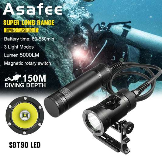Asafee DT06 150M Underwater 5000LM SBT90 LED Diving Flashlight IPX8 Magnetic Rotary Switch Technical Scuba Diving Lantern