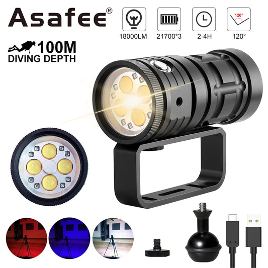 Asafee D16 100M Deep Diving Underwater Flashlight 120 Degree Luminous Fill Light Rechargeable Waterproof Lamp Dual Switch 3 Mode