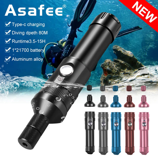 Asafee T21 SST40 2000LM Super Bright Diving Flashlight Photography Torch Portable Dive Spotlight 80m Depth Rechargeable