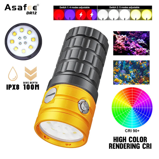 Asafee DR12 25000LM Professional LED Diving Flashlight Waterproof Red Blue White Warm Underwater Photography Video Torch Light