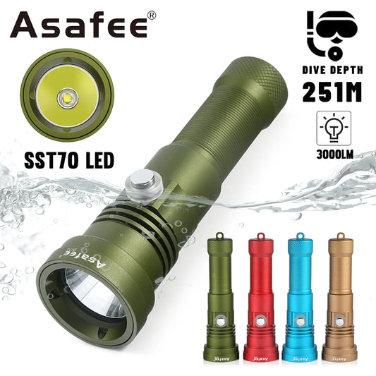 Asafee DT70 Professional Scuba Diving FlashLight SST70 LED 3000LM 251Meter Depth Waterproof Super bright Lamp Rechargeable Torch