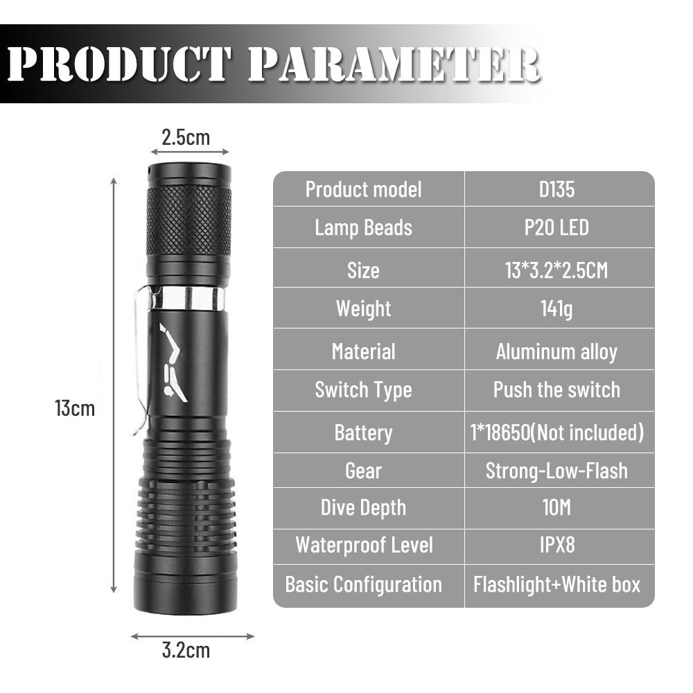 Asafee 300Lm P20 Led Diving Torch D135 Use18650 Battery Fixed Focus Can Be Within 10 Meters Compact And Portable Flashlight Ipx8 Waterproof