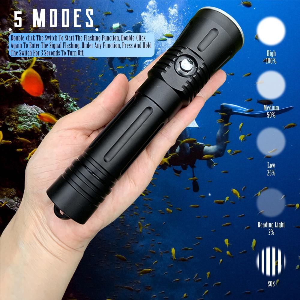 Asafee 2000LM DA11 SST40 LED ultra bright Powerful light Dive flashlight Scuba 5 gear switch using 21700 rechargeable battery IPX8 Waterproof