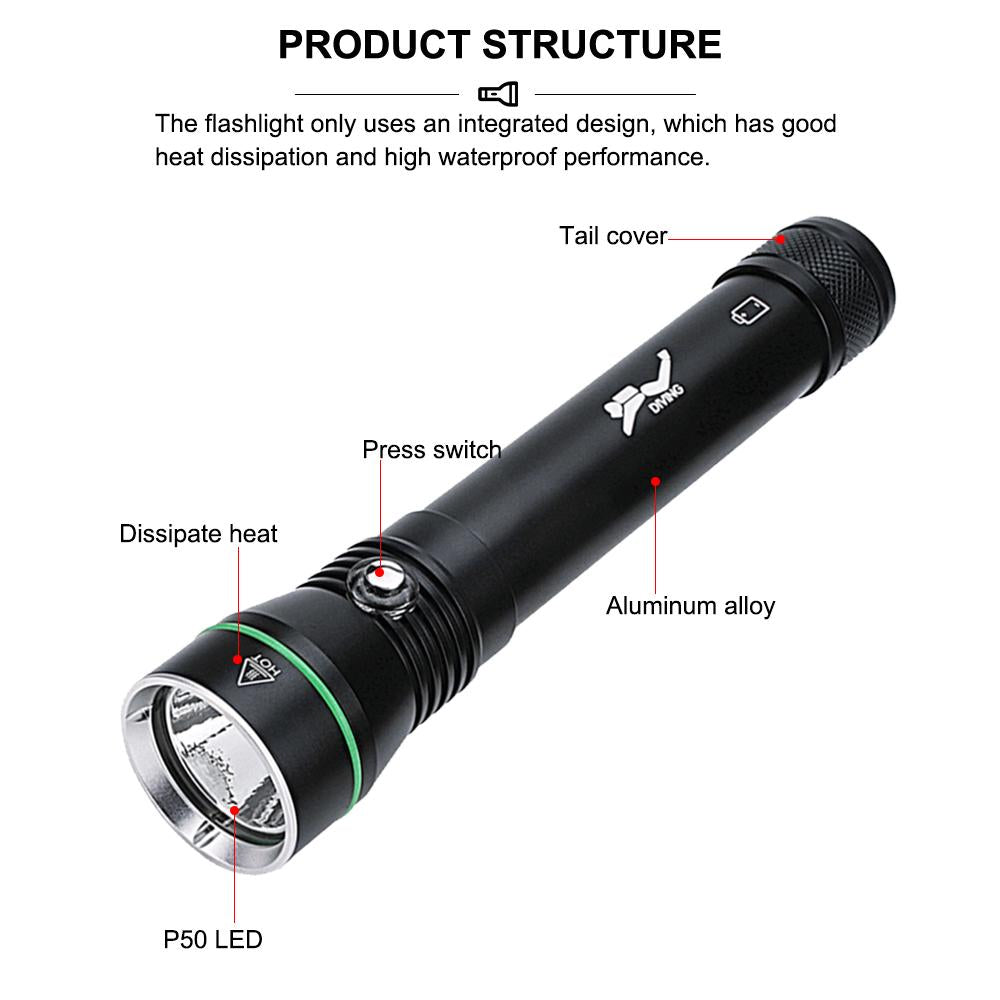 Asafee S4 2000LM ultra bright P50 LED diving flashlight original scuba 3 modes middle button switch using 18650/26650 battery 110M underwater  safety lamp IPX8 waterproof