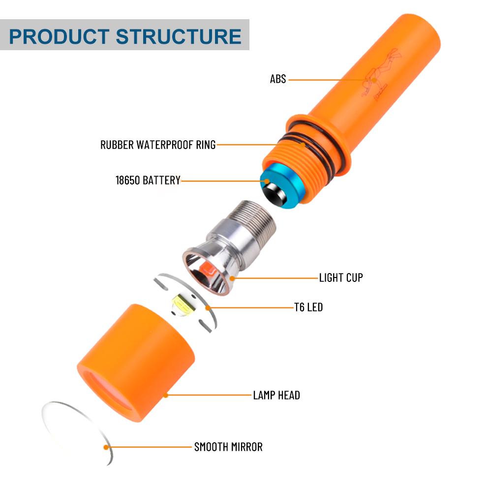 Asafee D115 Mini Porable Powerful T6 LED Diving Flashlight 800LM IPX8 Waterproof Light Underwater 10m Scuba Diver Flash Light Torch Camping Outdoor Work Light