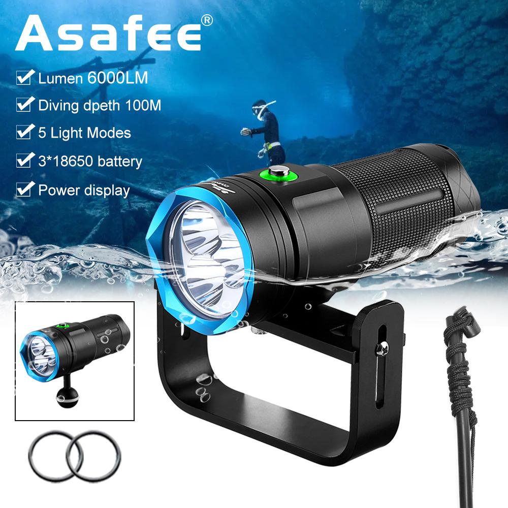 Asafee Super bright DA56 Diving photography flashlight SST40 LED diving scuba assist Lantern 6000LM use18650 battery 5 light modes underwater100M lPX8 waterproof Adventure fishing