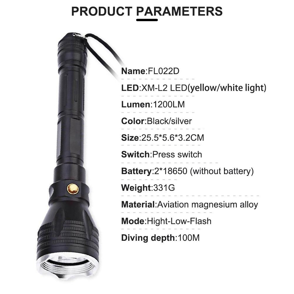 Asafee 1200lm Diving Flashlight L2 Led White/Yellow Light Underwater 100m Depth Torch Scuba Dive Lamp Fishing Camping Cycling Water-Resistant