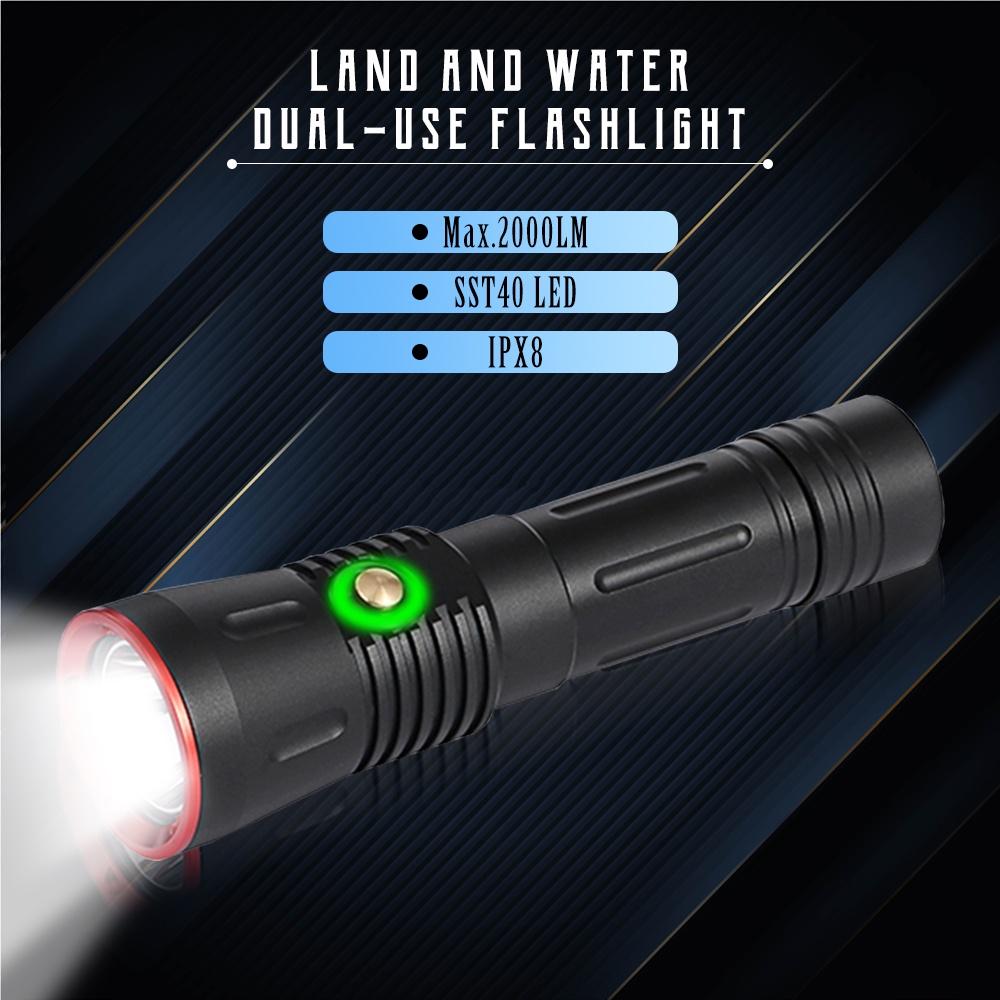 Asafee 2000LM DA11 SST40 LED ultra bright Powerful light Dive flashlight Scuba 5 gear switch using 21700 rechargeable battery IPX8 Waterproof