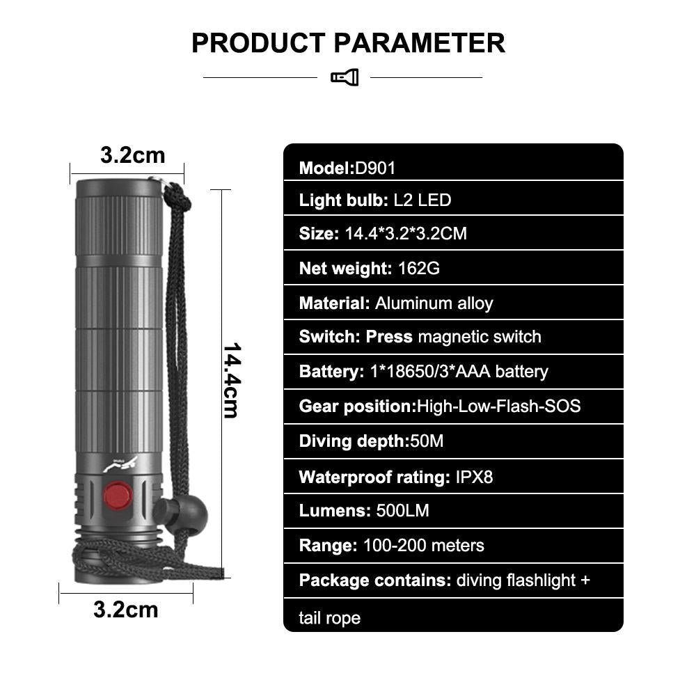 Portable Super Bright Diving Scuba Flashlight D901 L2 LED Underwater 50M Flashlight Torch 4-speed Push on Magnetic Switch Using 18650 Battery IPX8 Waterproof Fishing