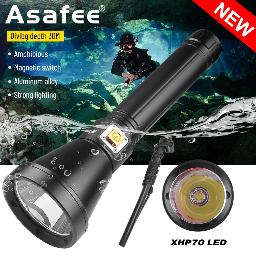 Upgraded D170A Asafee Super Bright Light Diving Flashlight XHP70 LED Cup Fixed Focus Press Magnetic Switch Using 26650/18650 Batteries Underwater scuba Light 1200LM IPX8 Waterproof