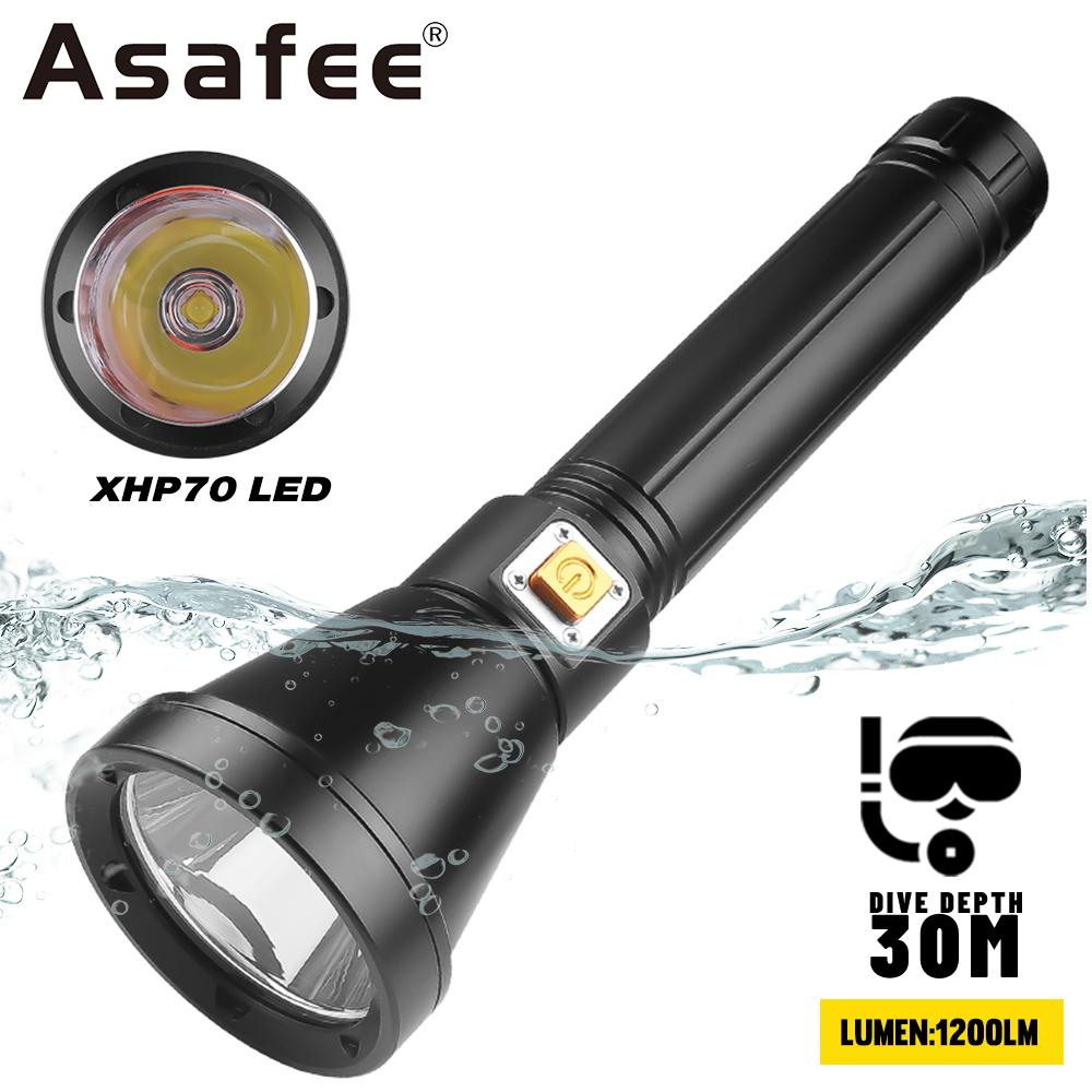 Upgraded D170A Asafee Super Bright Light Diving Flashlight XHP70 LED Cup Fixed Focus Press Magnetic Switch Using 26650/18650 Batteries Underwater scuba Light 1200LM IPX8 Waterproof